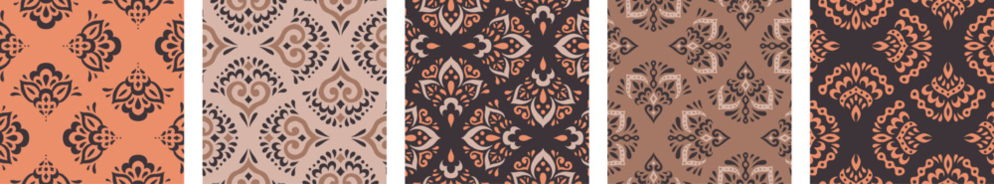 Fototapeta Collection of Moroccan style seamless pattern. Creative mediterranean interior design. Ethnic ornament swatch set. Azulejos tiles vector illustration. Modern Spanish talavera.
