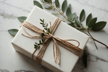 Beige Gift Box with Jute Twine and Greenery on White Marble, Elegant Natural Wrapping