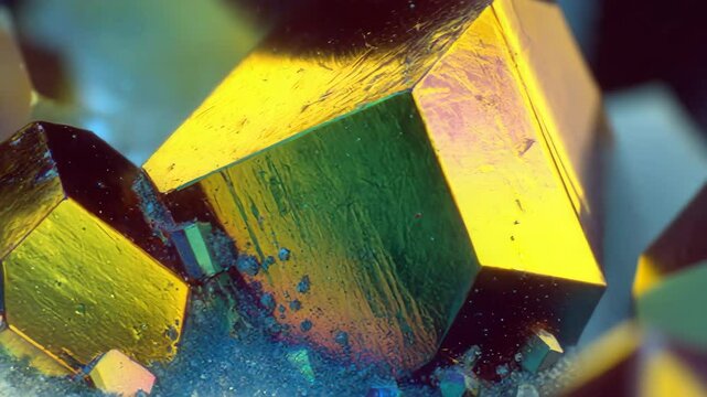 Cubic pyrite crystals exhibiting a range of colors due to iridescence, reflecting metallic yellow, green, and blue hues, possibly due to surface oxidation or thin film interference