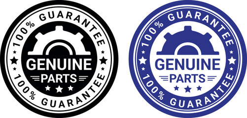 Obraz premium Set of two circular genuine parts badges with gear icon and 100% guarantee text, used for product authenticity and trust 