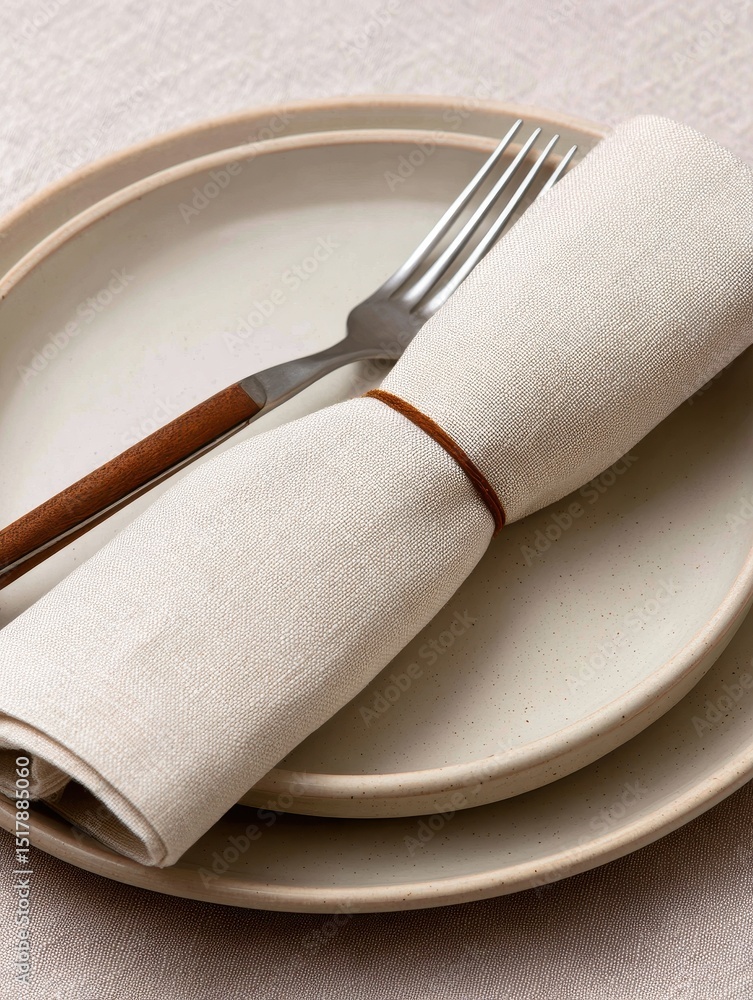 Poster elegant table setting featuring a fork, rolled napkin, and minimalist plates on a soft background
