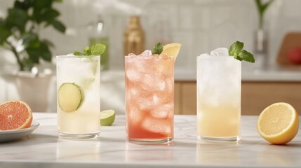 Three refreshing cocktails in tall glasses, garnished with fruit and mint, on a marble countertop
