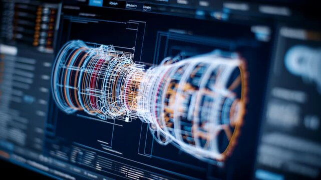 Complex technical information about a jet engine is displayed on a cad software, with the engine rotating slowly, showcasing its intricate design and various components