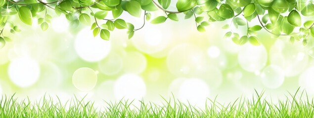 Fototapeta premium Vibrant Green Leaves and Grass Background with Soft Sunlight