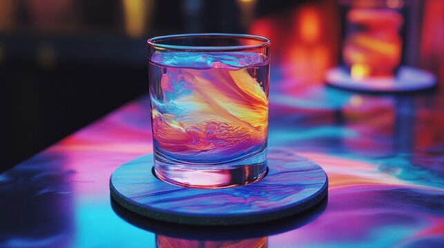 Vibrant drink in glass, vibrant neon lights, colorful coaster