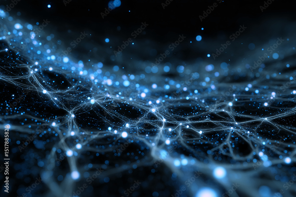 Poster Abstract image of a network, glowing blue nodes connected by thin lines on a dark background, suggesting connection, communication, or neural network