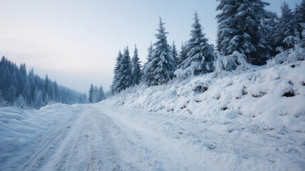 Obraz premium Silent snowy road bristles with frosted pines, evoking Siberian Maslenitsa whispers and Solstice serenity under pastel skies