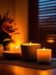 Cozy evening ambiance with lit candles on a table, surrounded by flower and warm lighting