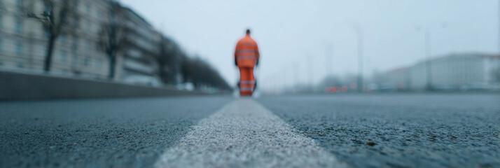 Foggy urban morning envelops solitary figure in orange, evoking quiet resilience, Road Safety Week, and urban solitude