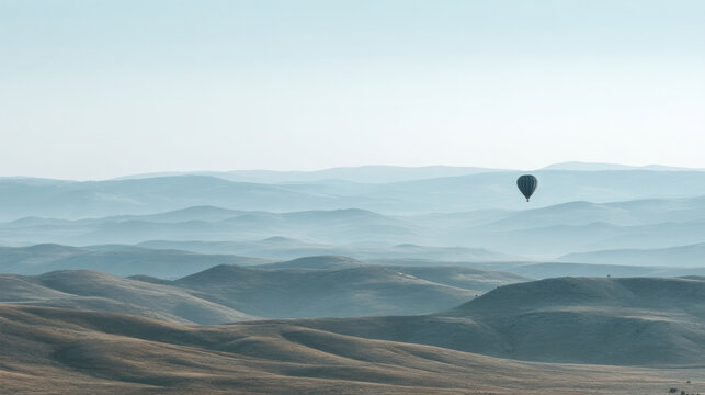Serene air balloon drifts above misty undulating hills, evoking wanderlust and tranquility, reminiscent of Tuvalu's Independence Day celebrations
