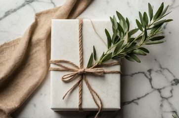Beige Gift Box with Jute Twine and Greenery on White Marble, Elegant Natural Wrapping