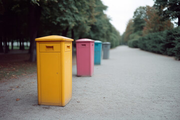 Colorful rubbish bins stand like stoic sentinels on a misty path, embodying Orderliness Day and Recycle Awareness Week