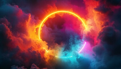 Vibrant Neon Circle in Colorful Cloudscape