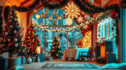 Fototapeta premium Cozy christmas room decor with decorated trees and gifts