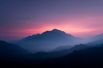 Twilight serenades misty peaks under a lavender sky, capturing the tranquil essence of Mountain Day and Autumn Equinox