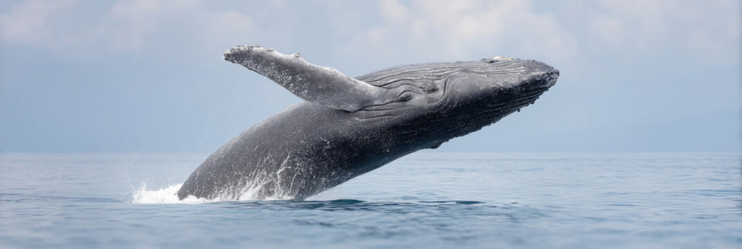 Majestic humpback whale breaches jubilantly, ocean's acrobat in azure embrace, echoing World Oceans Day and Moby-Dick enthusiasts dreams