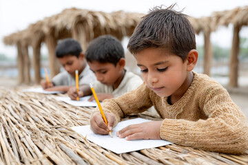 Focused Children Writing At A Table Under Thatch Roof Outdoors