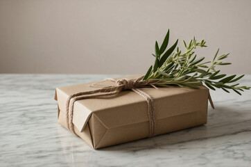 Beige Gift Box with Jute Twine and Greenery on White Marble, Elegant Natural Wrapping