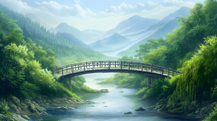 Fototapeta premium Wooden Bridge Over Misty Mountain River Valley