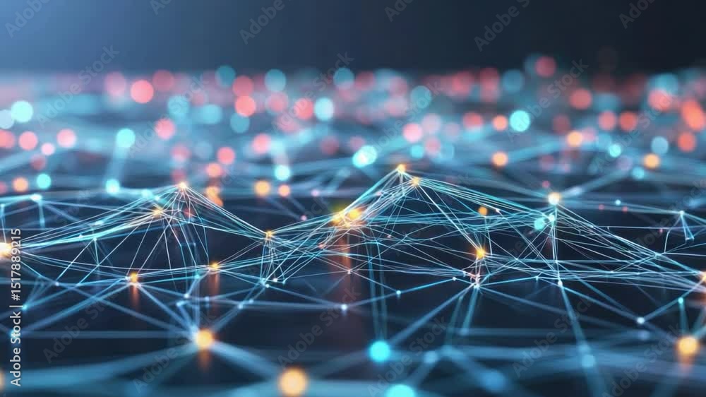 Poster network connections: abstract representation of interconnected nodes and lines, symbolizing global n