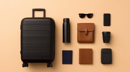 Stylish travel essentials arranged on a warm background, showcasing luggage and accessories