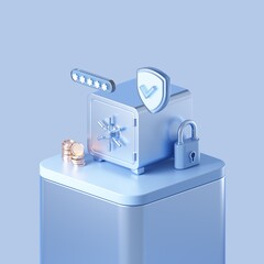 Safe with cash money, passwordm padlock and safety shield on the podium. Fintech 3d design.