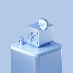 Safe with money and safety shield on the podium. Fintech 3d design.