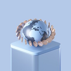 International Money transfer concept. Coins around the globe on podium. 3d rendering. 