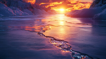 The setting sun shines on the frozen lake surface, reflecting vibrant colors in the sky and creating intricate ice cracks on the snow-covered ground.