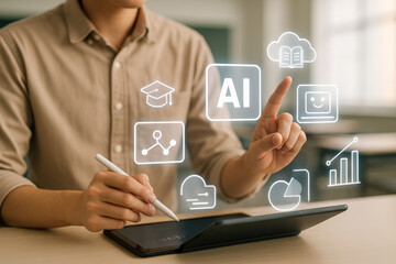 Person using tablet with stylus, interacting with virtual AI related icons such as cloud storage, education, and data