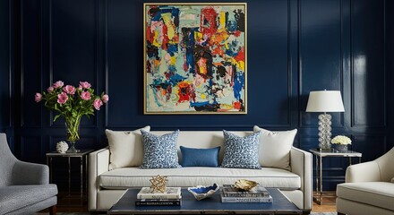 Modern living room interior featuring deep blue walls and abstract painting