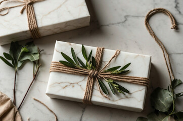 Beige Gift Box with Jute Twine and Greenery on White Marble, Elegant Natural Wrapping