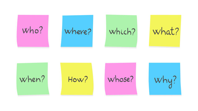 Eight colored sticky notes each displaying a different handwritten English question word