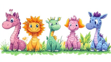 Obraz premium Colorful, cartoon animal illustrations of friendly creatures.