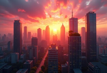 Naklejka premium vibrant city skyline sunrise brilliant colors reflection skyline sunburst urban beauty, cities, building, light, modern, architecture, dawn, horizon, cloud