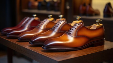 Elegant Brown Leather Oxford Shoes Displayed on Wooden Shelf
