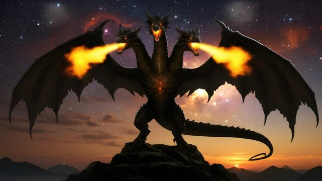 Three headed dragon silhouette in twilight