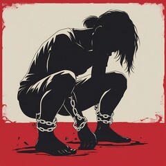 Person in chains surrounded by a red backdrop symbolizes struggle and resilience against oppression and confinement in modern society