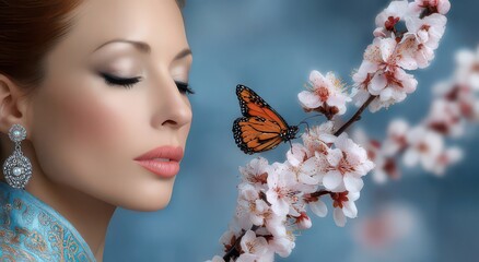 Serene Beauty with Butterfly and Blossoms