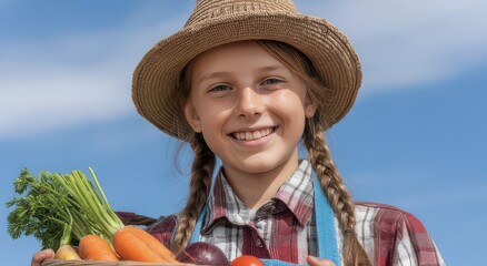 Joyful Young Girl with Fresh Vegetables in Farm Setting
