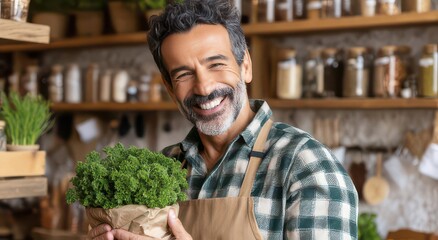 Happy Man Holding Fresh Herbs in a Cozy Market Setting