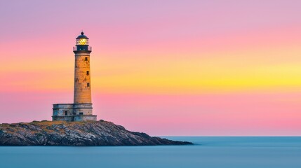 A breathtaking sunset scene with a solitary lighthouse standing tall against the vibrant golden sky and calm reflective ocean waters