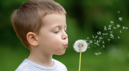 A Child Blowing Dandelion Seeds in the Breeze