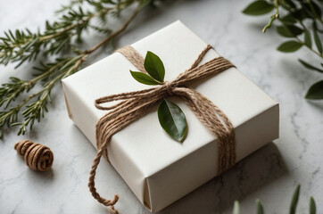 Beige Gift Box with Jute Twine and Greenery on White Marble, Elegant Natural Wrapping