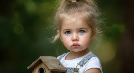 Innocent Child Holding a Birdhouse in Nature