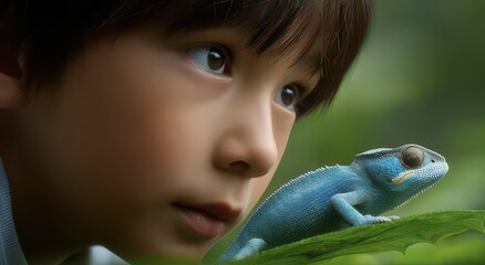 A Child's Fascination with a Colorful Lizard