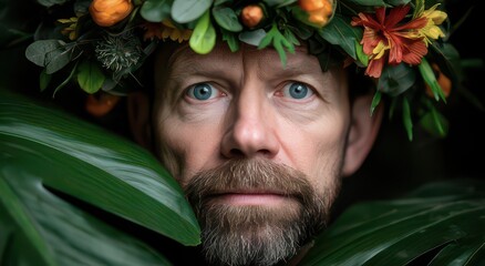 Man in Floral Crown Surrounded by Greenery