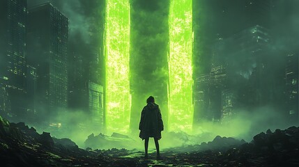 Urban Luminescence: A solitary figure confronting radiant pillars in dystopian metropolis
