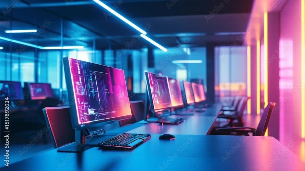 Poster futuristic computer lab with neon lighting and advanced technology displays in a row