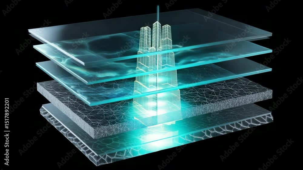 Poster glowing holographic blueprint of a futuristic city gradually materializing layer by layer through tr
